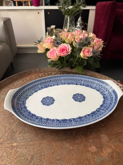 Grand Plat De Service Ovale COCEMA Fès - Porcelaine Marocaine - 44 Cm - Très Bon État