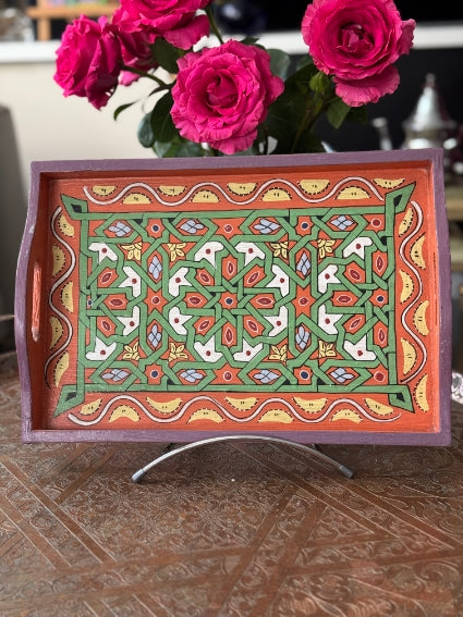 Plateau "zwak" boho en bois peint à la main, fabriqué à Marrakech, taille 25x35 cm (N2)