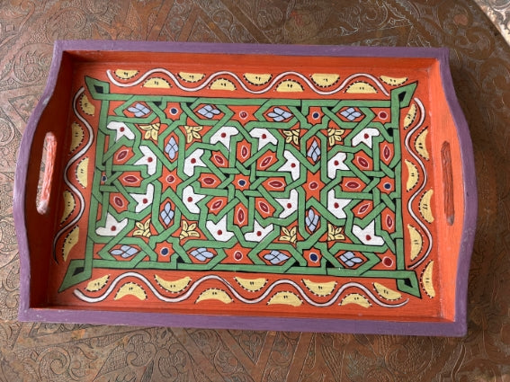 Plateau "zwak" boho en bois peint à la main, fabriqué à Marrakech, taille 25x35 cm (N2)