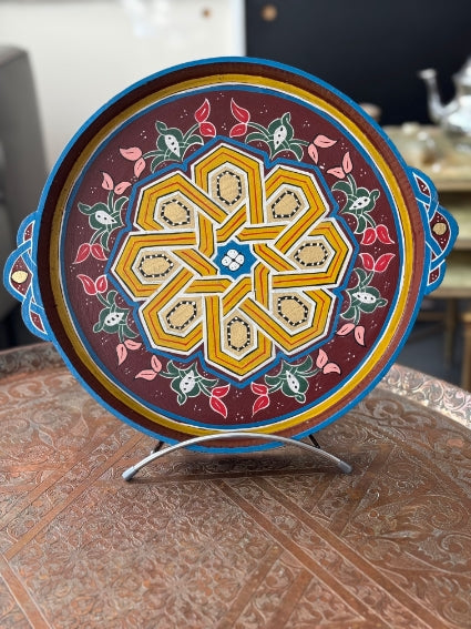 Plateau rond "zwak" boho en bois peint à la main, fabriqué à Marrakech (N2)