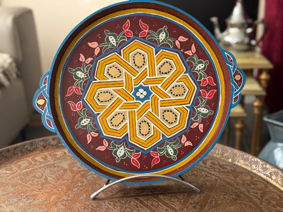 Plateau rond "zwak" boho en bois peint à la main, fabriqué à Marrakech (N2)