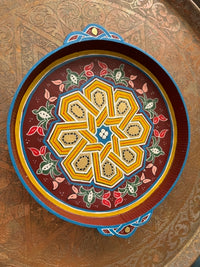 Plateau rond "zwak" boho en bois peint à la main, fabriqué à Marrakech (N2)