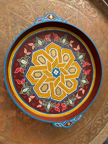 Plateau rond "zwak" boho en bois peint à la main, fabriqué à Marrakech (N2)