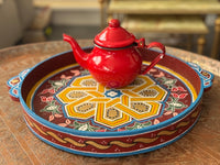 Plateau rond "zwak" boho en bois peint à la main, fabriqué à Marrakech (N2)