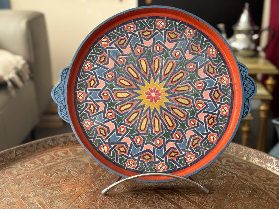 Plateau rond "zwak" boho en bois peint à la main, fabriqué à Marrakech (N3)