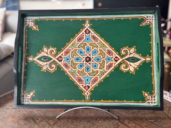 Plateau "zwak" boho en bois peint à la main, fabriqué à Marrakech, taille 30x43 cm (N1)