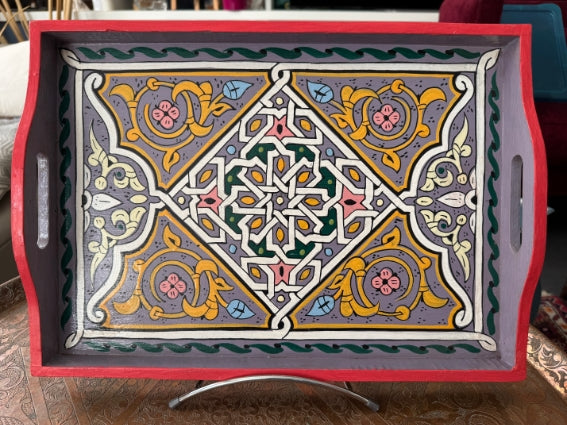 Plateau "zwak" boho en bois peint à la main, fabriqué à Marrakech, taille 30x43 cm (N3)