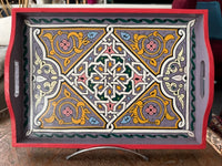 Plateau "zwak" boho en bois peint à la main, fabriqué à Marrakech, taille 30x43 cm (N3)