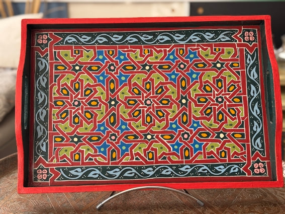 Plateau "zwak" boho en bois peint à la main, fabriqué à Marrakech, taille 30x43 cm (N4)