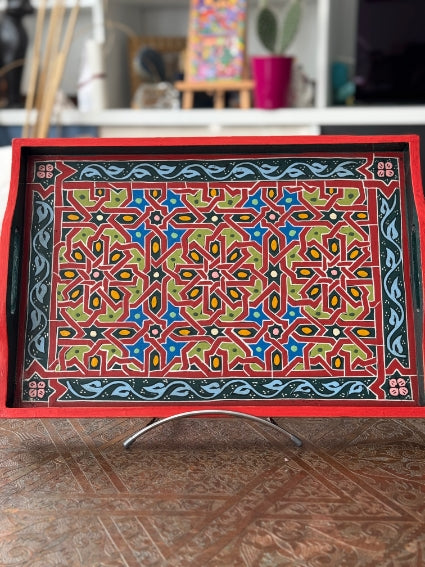Plateau "zwak" boho en bois peint à la main, fabriqué à Marrakech, taille 30x43 cm (N4)