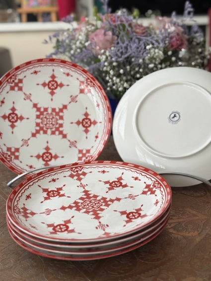Lot de 6 assiettes 26 cm céramique COCEMA de Fès, Maroc, motif "Broderie Rouge"