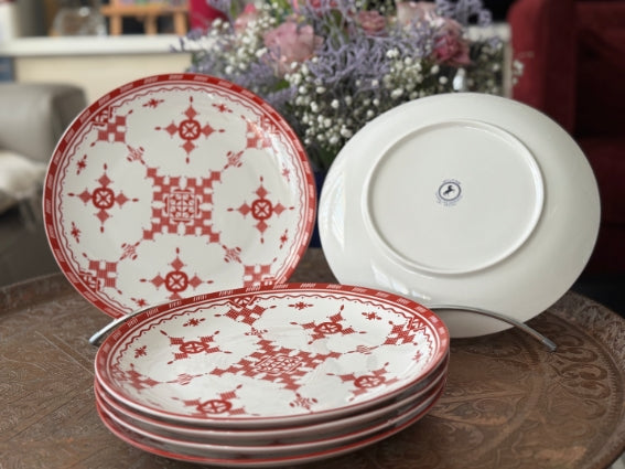 Lot de 6 assiettes 26 cm céramique COCEMA de Fès, Maroc, motif "Broderie Rouge"
