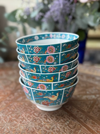 Lot de 6 bols porcelaine COCEMA de Fès, Maroc, décor de paon sur fond turquoise