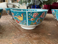 Lot de 6 bols porcelaine COCEMA de Fès, Maroc, décor de paon sur fond turquoise