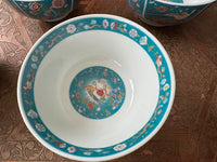 Lot de 6 bols porcelaine COCEMA de Fès, Maroc, décor de paon sur fond turquoise