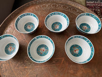 Lot de 6 bols porcelaine COCEMA de Fès, Maroc, décor de paon sur fond turquoise