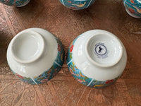 Lot de 6 bols porcelaine COCEMA de Fès, Maroc, décor de paon sur fond turquoise