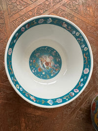 Lot de 2 bols porcelaine COCEMA de Fès, Maroc, décor de paon sur fond turquoise