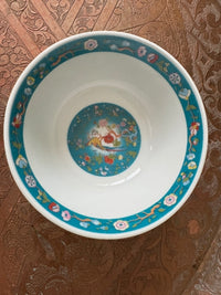 Lot de 2 bols porcelaine COCEMA de Fès, Maroc, décor de paon sur fond turquoise