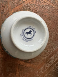 Lot de 2 bols porcelaine COCEMA de Fès, Maroc, décor de paon sur fond turquoise