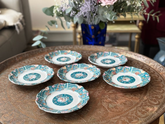 Lot de 6 assiettes 15 cm porcelaine COCEMA de Fès, Maroc, décor de paon sur fond turquoise