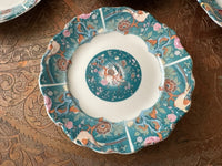 Lot de 6 assiettes 15 cm porcelaine COCEMA de Fès, Maroc, décor de paon sur fond turquoise