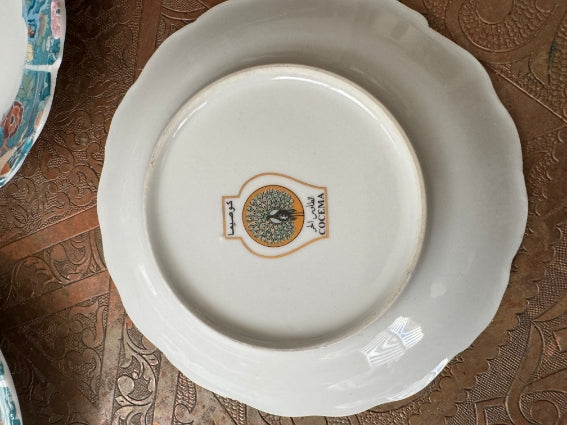 Lot de 6 assiettes 15 cm porcelaine COCEMA de Fès, Maroc, décor de paon sur fond turquoise