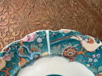 Lot de 6 assiettes 15 cm porcelaine COCEMA de Fès, Maroc, décor de paon sur fond turquoise