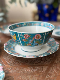 Lot de 6 assiettes 15 cm porcelaine COCEMA de Fès, Maroc, décor de paon sur fond turquoise