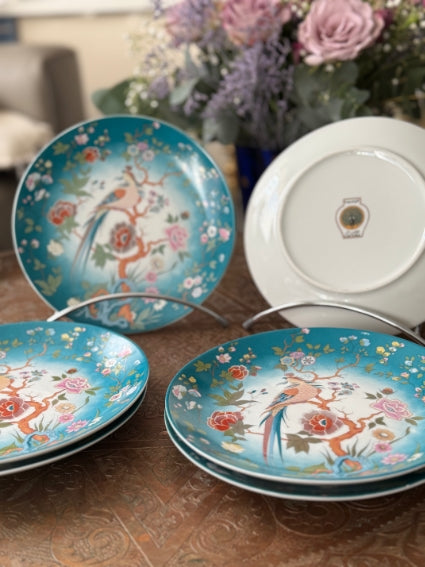 Lot de 6 assiettes à dessert 20 cm porcelaine COCEMA de Fès, Maroc, décor de paon sur fond turquoise