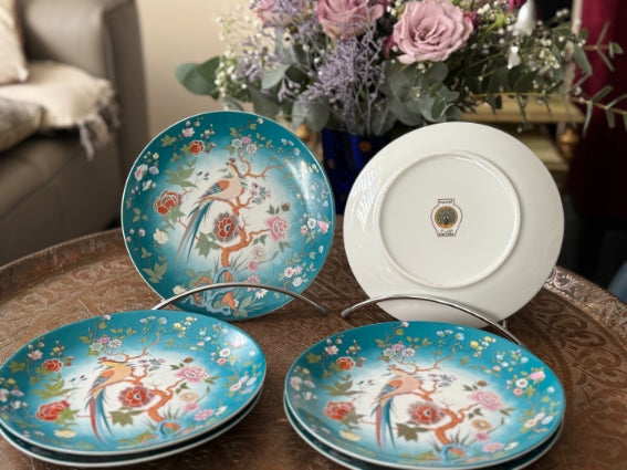 Lot de 6 assiettes à dessert 20 cm porcelaine COCEMA de Fès, Maroc, décor de paon sur fond turquoise