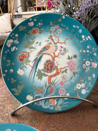 Lot de 6 assiettes à dessert 20 cm porcelaine COCEMA de Fès, Maroc, décor de paon sur fond turquoise