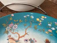 Lot de 6 assiettes à dessert 20 cm porcelaine COCEMA de Fès, Maroc, décor de paon sur fond turquoise