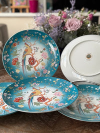 Lot de 5 assiettes 25 cm porcelaine COCEMA de Fès, Maroc, décor de paon sur fond turquoise