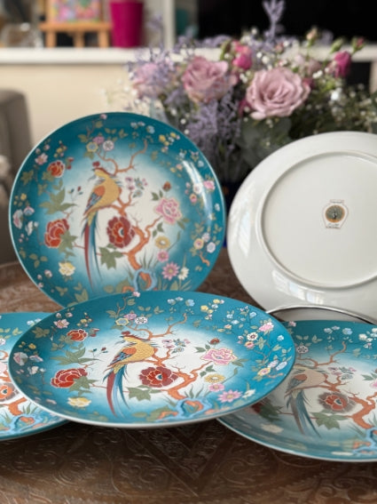 Lot de 5 assiettes 25 cm porcelaine COCEMA de Fès, Maroc, décor de paon sur fond turquoise