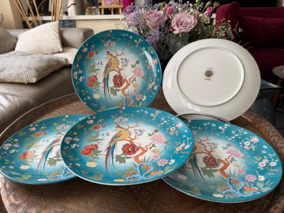 Lot de 5 assiettes 25 cm porcelaine COCEMA de Fès, Maroc, décor de paon sur fond turquoise