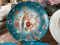 Lot de 5 assiettes 25 cm porcelaine COCEMA de Fès, Maroc, décor de paon sur fond turquoise