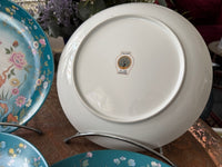 Lot de 5 assiettes 25 cm porcelaine COCEMA de Fès, Maroc, décor de paon sur fond turquoise
