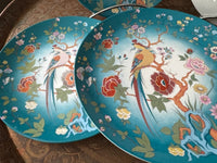 Lot de 5 assiettes 25 cm porcelaine COCEMA de Fès, Maroc, décor de paon sur fond turquoise
