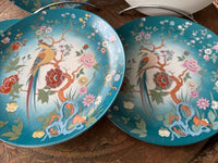 Lot de 5 assiettes 25 cm porcelaine COCEMA de Fès, Maroc, décor de paon sur fond turquoise