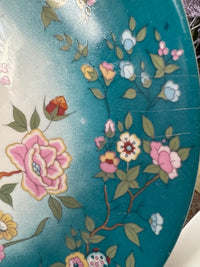 Lot de 5 assiettes 25 cm porcelaine COCEMA de Fès, Maroc, décor de paon sur fond turquoise