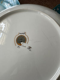 Lot de 5 assiettes 25 cm porcelaine COCEMA de Fès, Maroc, décor de paon sur fond turquoise