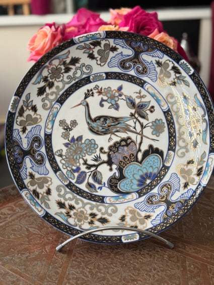 Plat rond 32 cm porcelaine COCEMA de Fès, Maroc, décor "Taous" (P3)