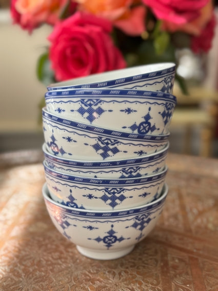 Lot de 6 bols céramique COCEMA de Fès, Maroc, motif "Broderie Bleue"