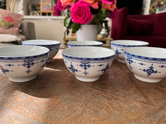 Lot de 6 bols céramique COCEMA de Fès, Maroc, motif "Broderie Bleue"