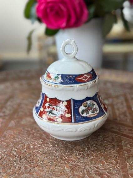 Sucrier en porcelaine COCEMA de Fès, Maroc, décor "Taous"