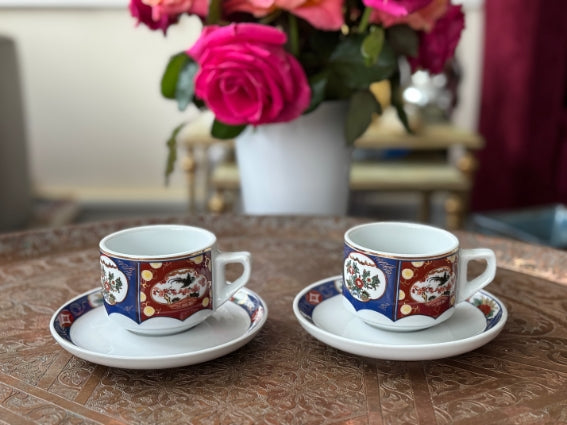 Lot de 2 tasses en porcelaine COCEMA de Fès, Maroc, décor "Taous"