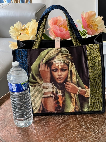 Sac ethnique d'inspiration berbère du Maroc, bleu et vert