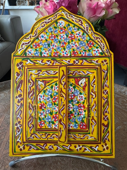 Miroir en bois peint, motifs "zwak", fabrication artisanale à Marrakech (jaune)