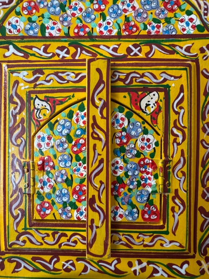 Miroir en bois peint, motifs "zwak", fabrication artisanale à Marrakech (jaune)